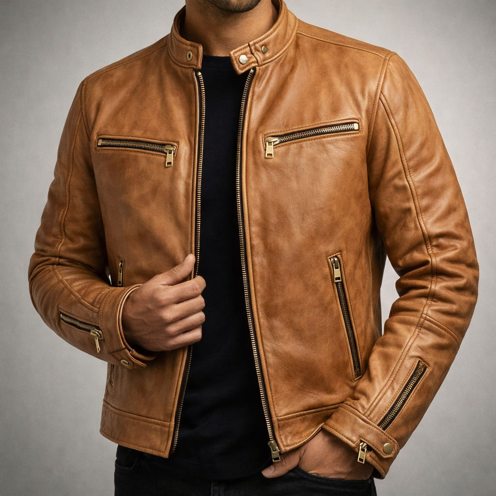 Rufus - Men's Distressed Leather Moto Jacket with Chest Zip Pockets