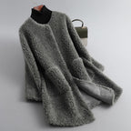 Sandra - Women's Long Shearling Coat with Patch Pockets 1