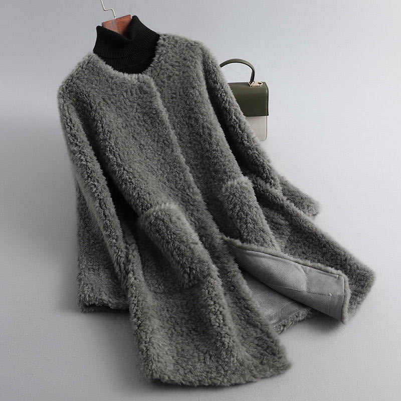 Sandra - Women's Long Shearling Coat with Patch Pockets 1
