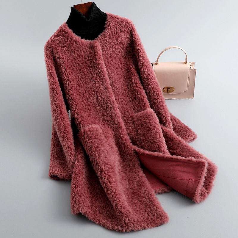 Sandra - Women's Long Shearling Coat with Patch Pockets 4