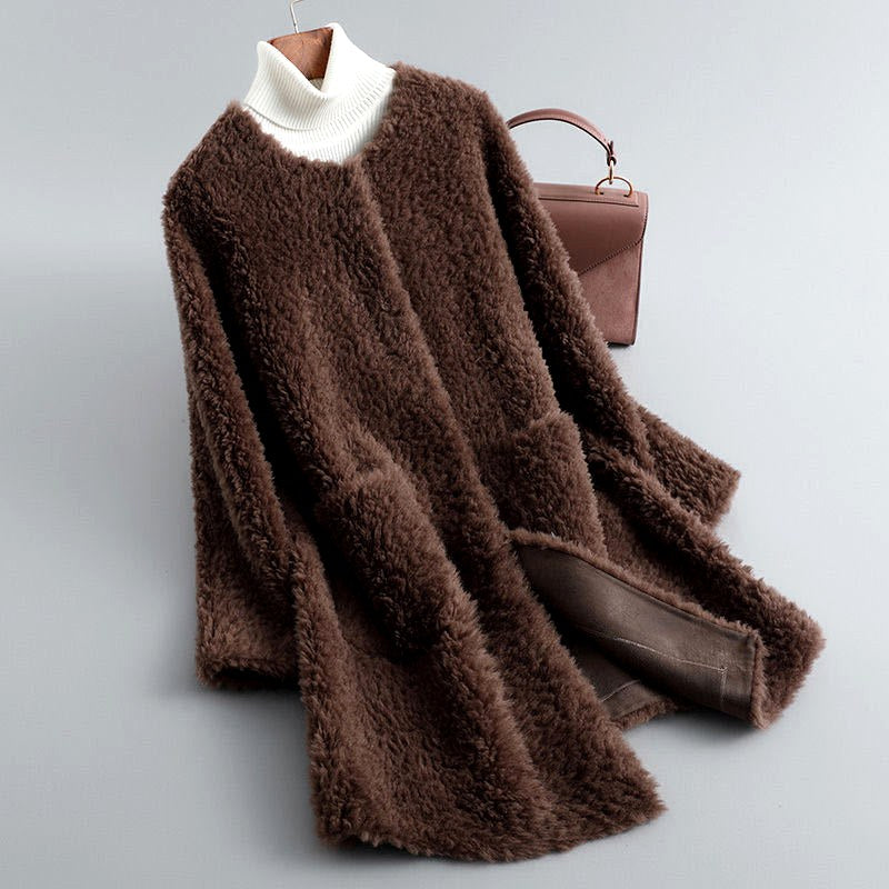 Sandra - Women's Long Shearling Coat with Patch Pockets 5