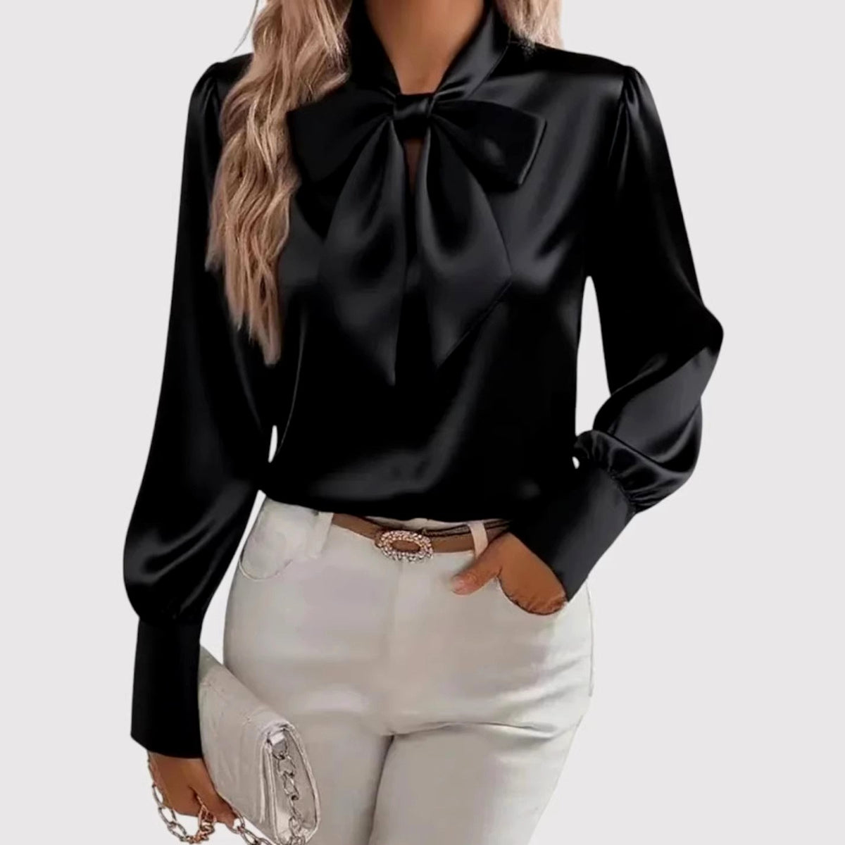 Selena - Women's Long Sleeve Satin Blouse with Tie Neck Detail 9