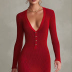 Shelley - Women's Ribbed V-Neck Button-Front Knit Dress 1