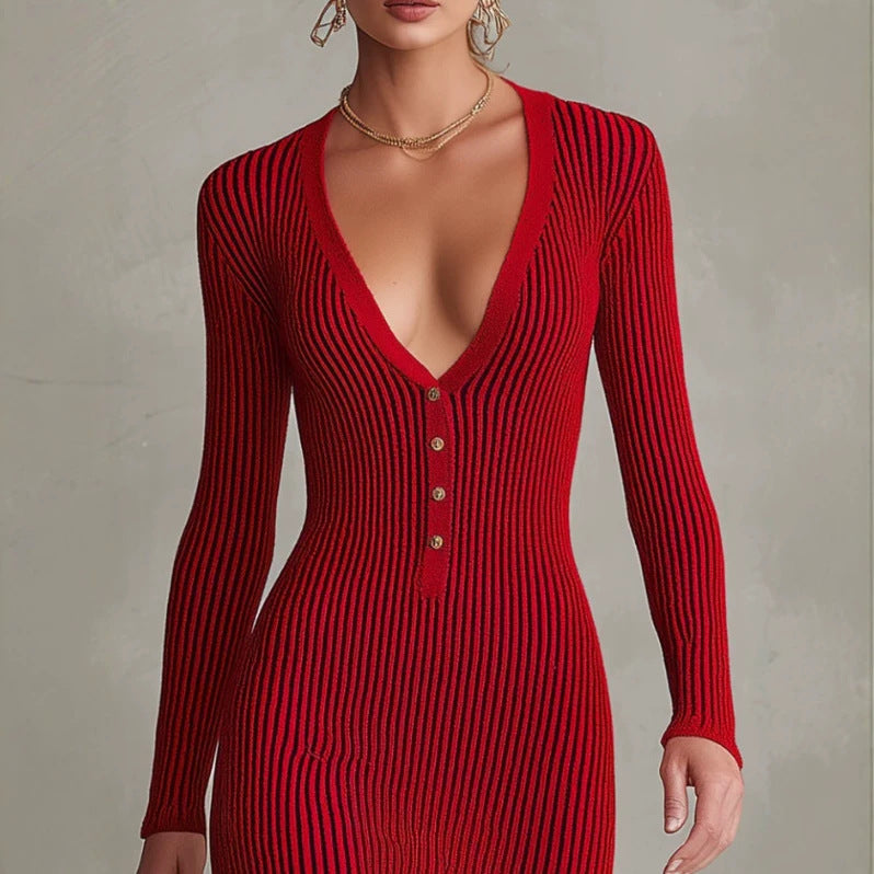 Shelley - Women's Ribbed V-Neck Button-Front Knit Dress 1