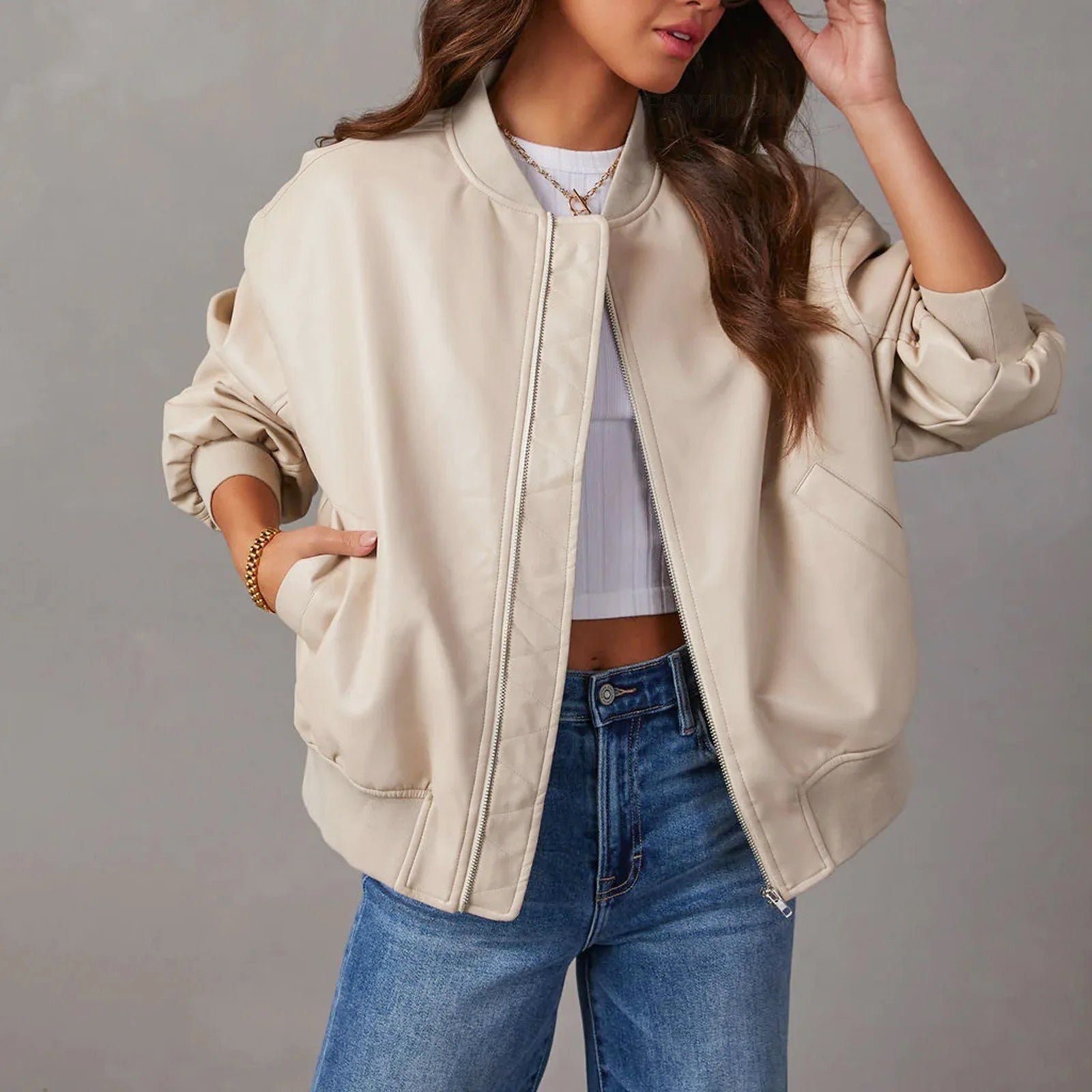 Taylor - Women's Oversized Leather Bomber Jacket