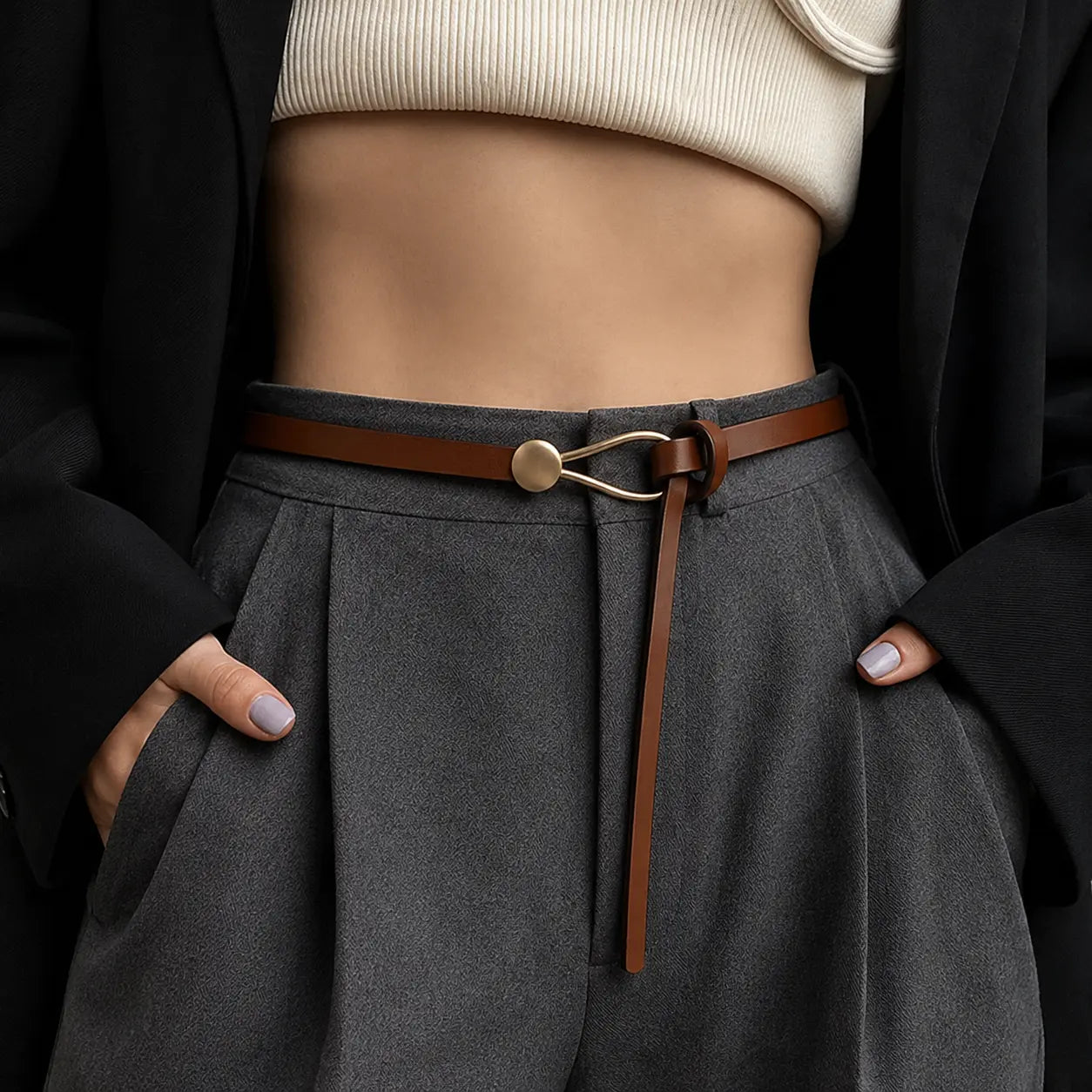 Vera – Women's Slim Leather Belt with Sculptural Hook Buckle