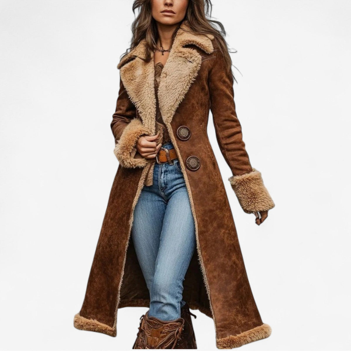 Violetta - Women's Button-Front Suede Coat with Faux-Shearling Collar