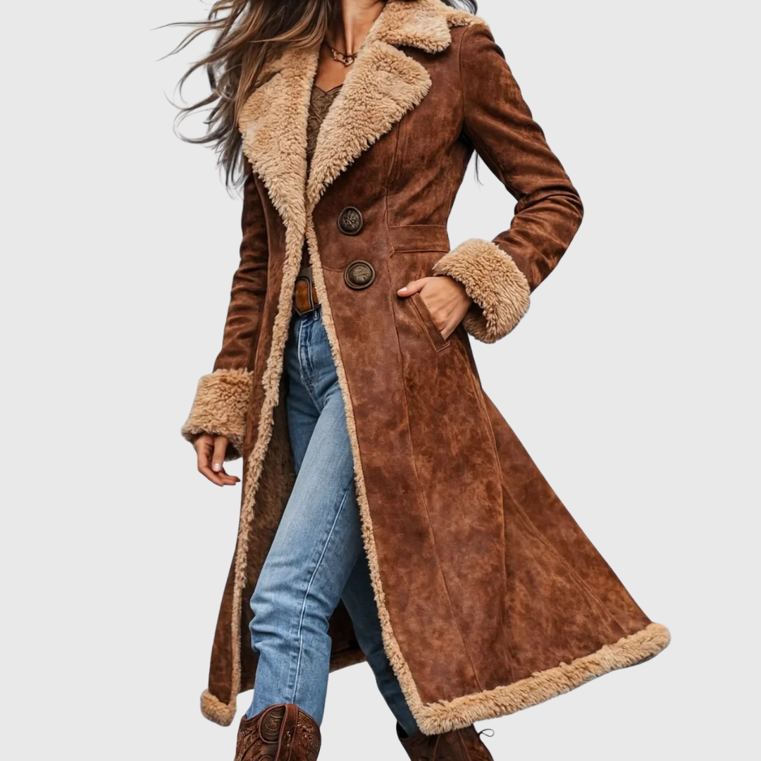 Violetta - Women's Button-Front Suede Coat with Faux-Shearling Collar