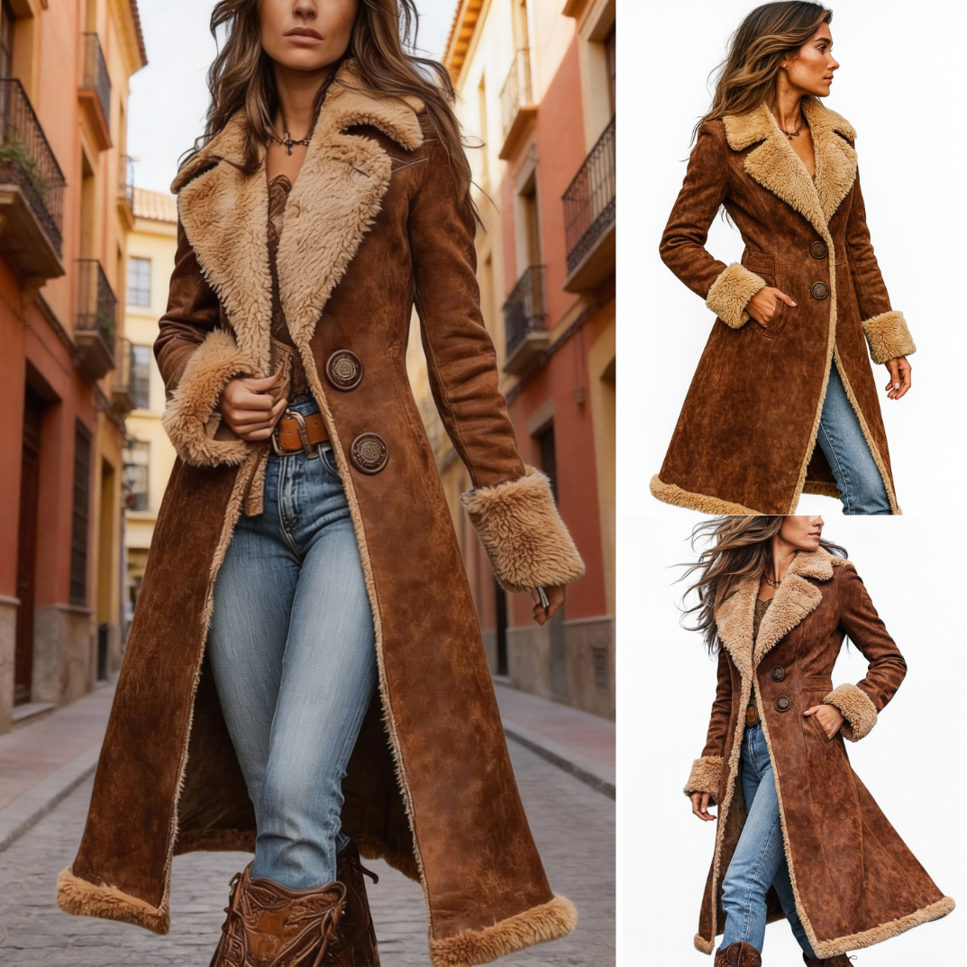 Violetta - Women's Button-Front Suede Coat with Faux-Shearling Collar
