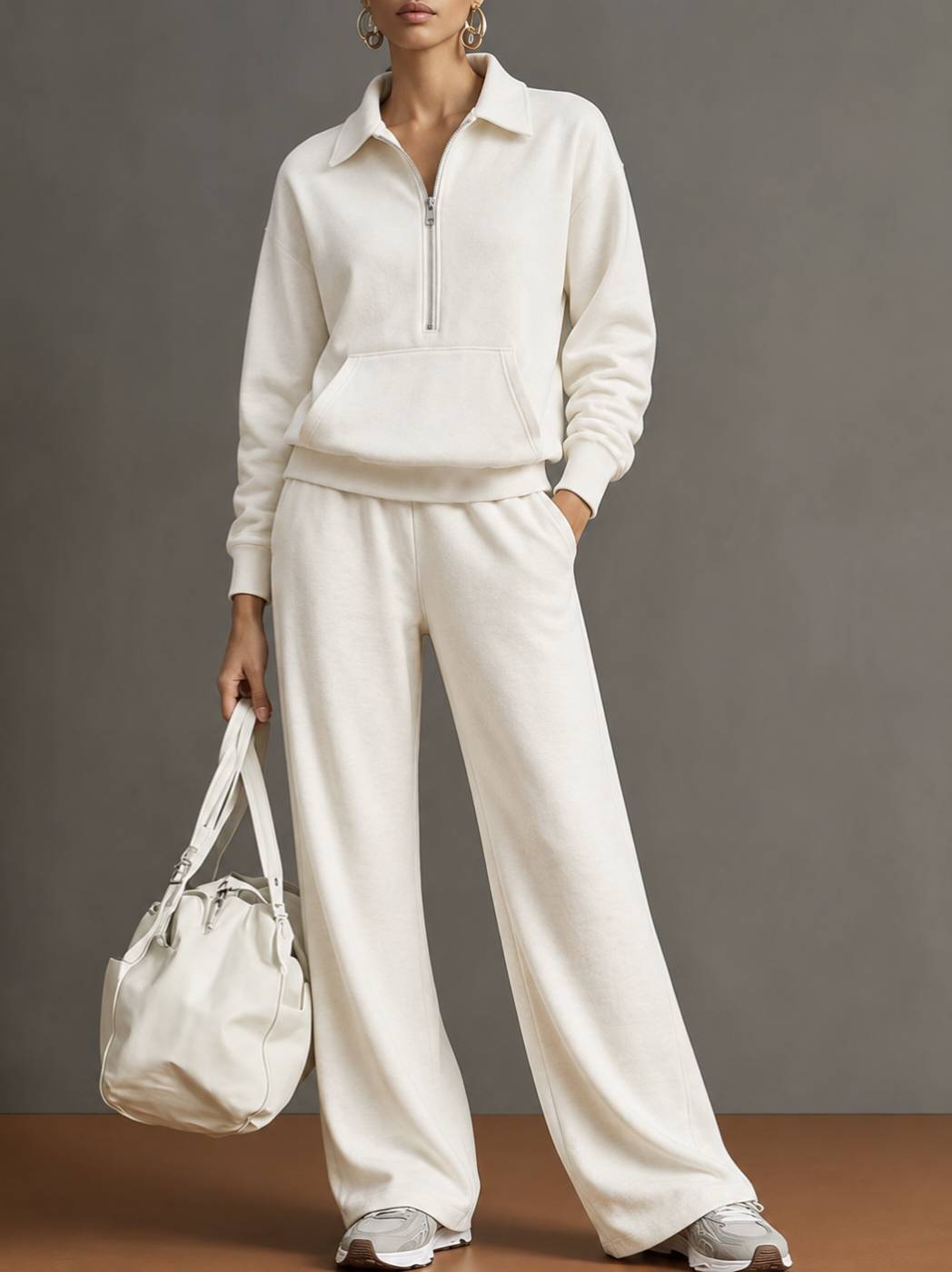 Wendy - Women's Half-Zip Collared Sweatshirt & Wide-Leg Pants Set 1