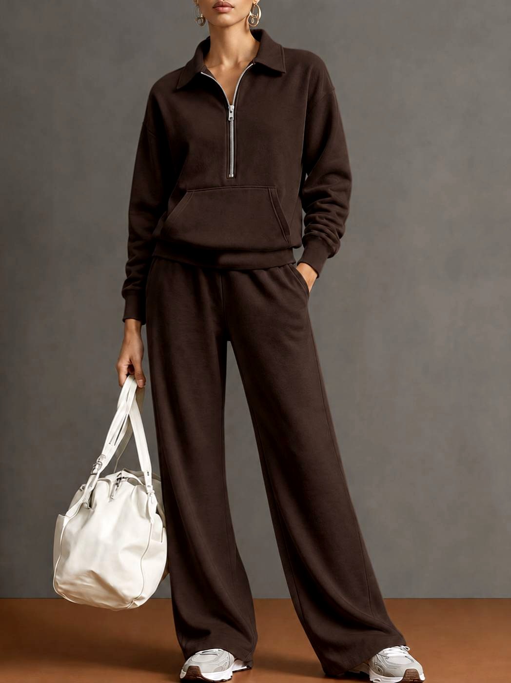 Wendy - Women's Half-Zip Collared Sweatshirt & Wide-Leg Pants Set 2