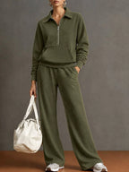 Wendy - Women's Half-Zip Collared Sweatshirt & Wide-Leg Pants Set 4