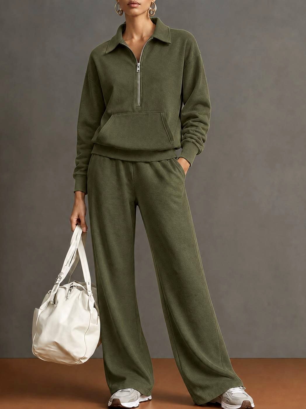 Wendy - Women's Half-Zip Collared Sweatshirt & Wide-Leg Pants Set 4