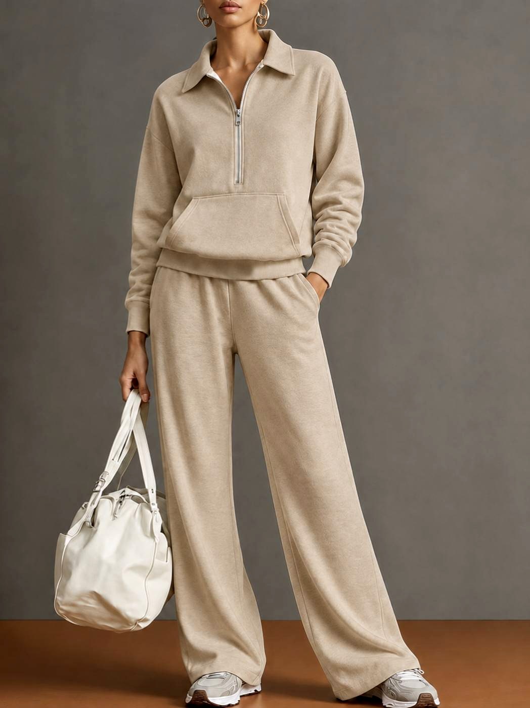 Wendy - Women's Half-Zip Collared Sweatshirt & Wide-Leg Pants Set 5