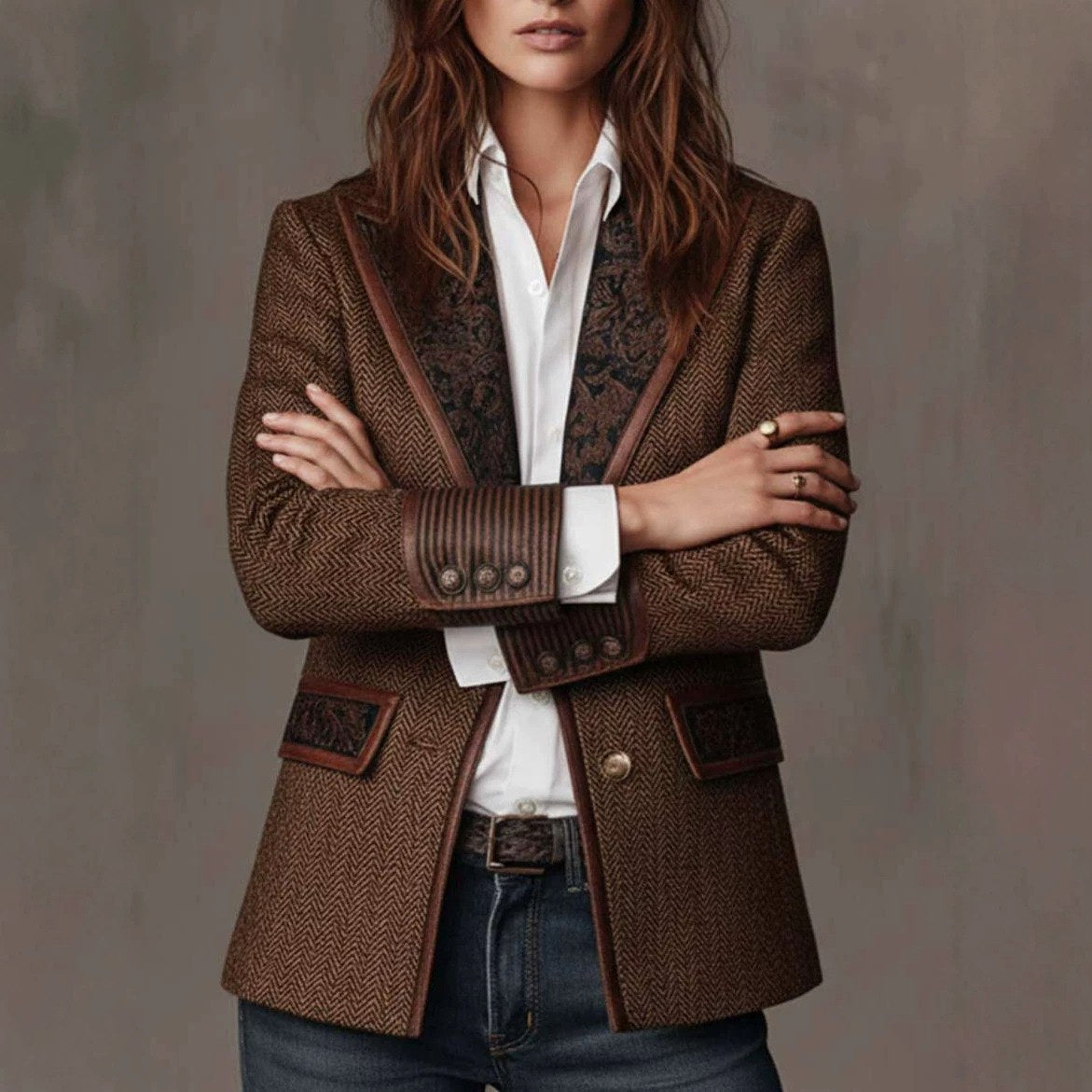 Whitney - Women's Herringbone Paisley Trim Button Blazer 2