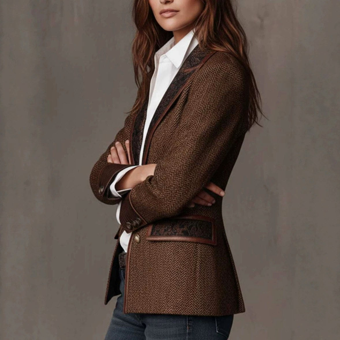 Whitney - Women's Herringbone Paisley Trim Button Blazer 3