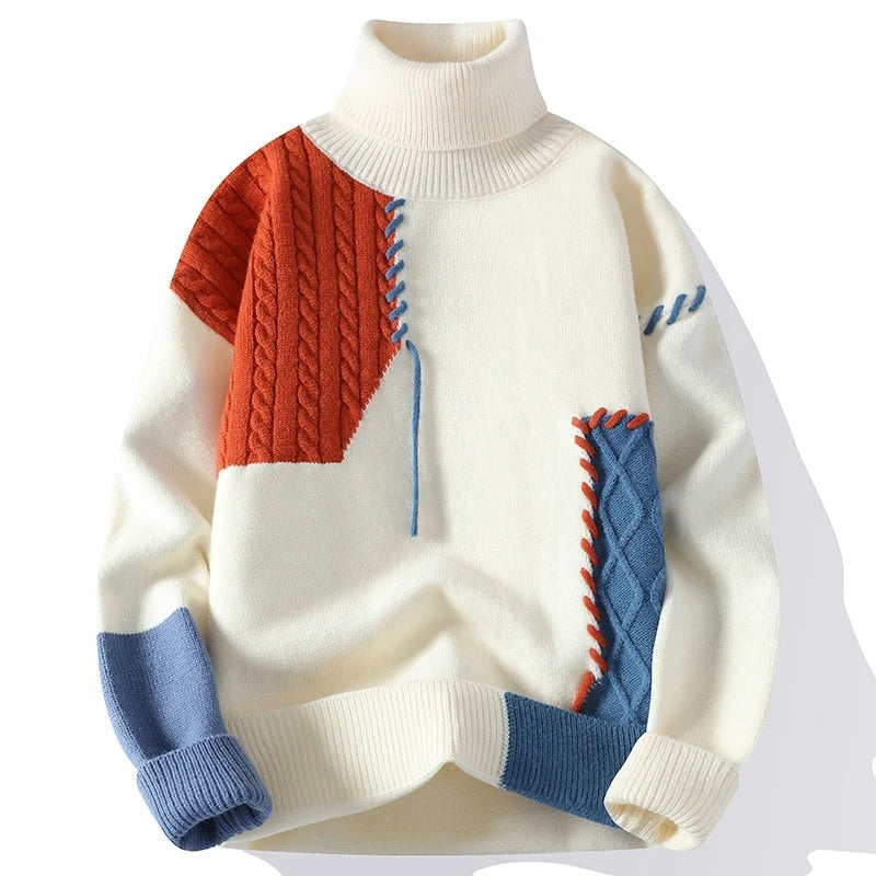 William - Men's Color-Block Turtleneck with Mixed-Knit Panels