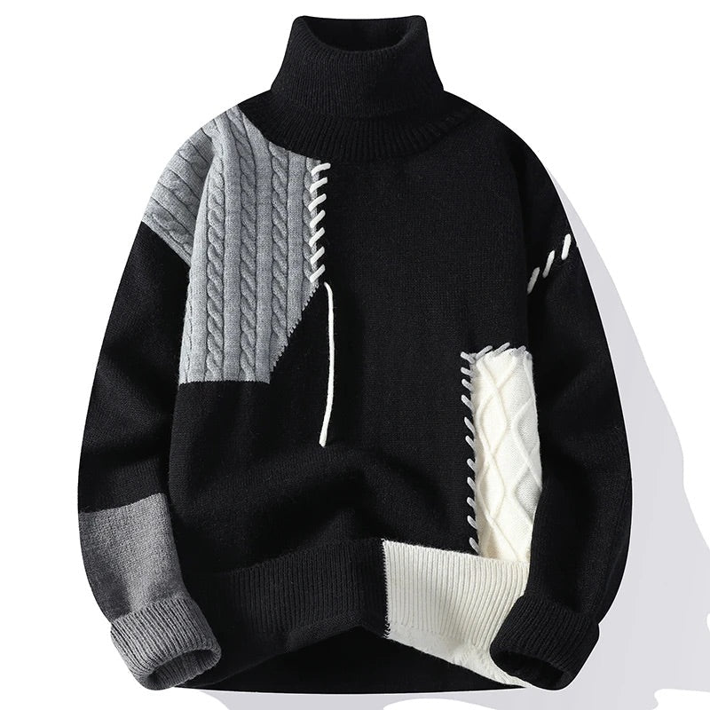 William - Men's Color-Block Turtleneck with Mixed-Knit Panels
